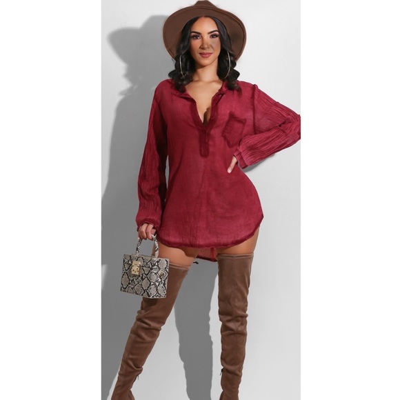 . Sleepover Fall Burgundy/Wine Long Sleeve Button Shirt - Picture 2 of 6